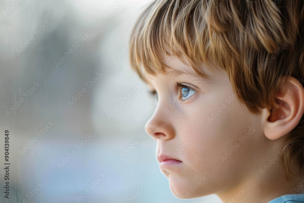 Young Boy Expressing Deep Concern and Loneliness in Profile View Young Boy Expressing Deep Concern and Loneliness in Profile View