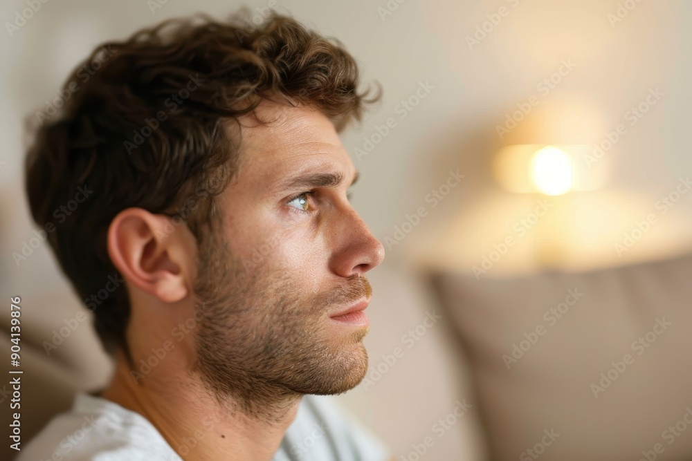 Fototapeta premium Portrait of a Sad Man Contemplating Mental Health Struggles in Profile View