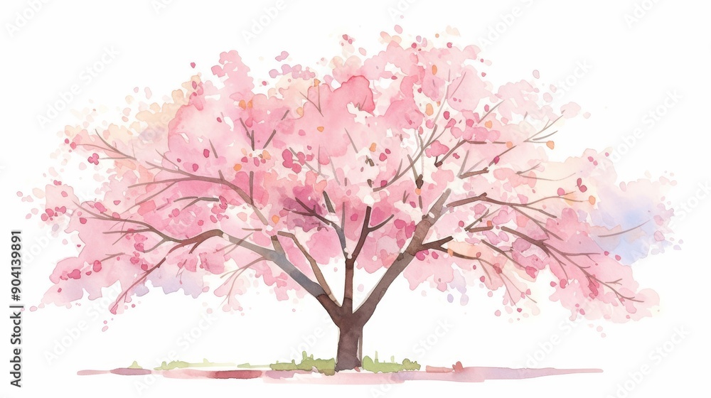 Fototapeta premium Vector watercolor pink sakura tree side view isolated on white background for landscape and architecture drawing,elements for environment or garden,botanical element