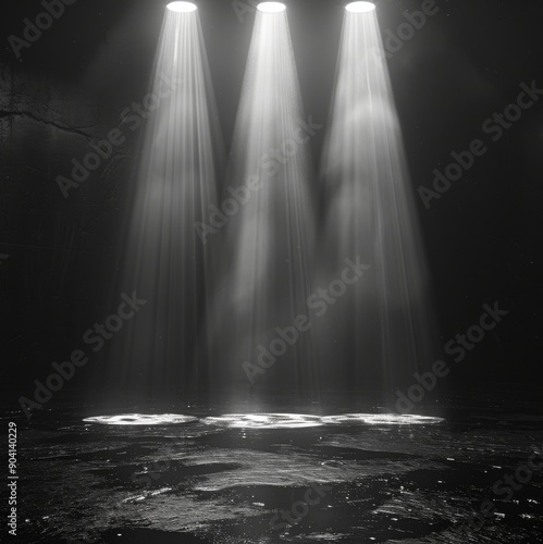 Triad of Light: A Dramatic Interplay of Three Beams on a Dark Floor, Capturing the Essence of Shadow and Illumination.