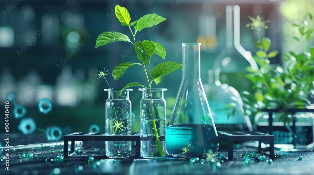 A green plant sprouts in a laboratory setting, surrounded by beakers and test tubes filled with a blue liquid. The image symbolizes scientific discovery and innovation. A green plant sprouts in a laboratory setting, surrounded by beakers and test tubes filled with a blue liquid. The image symbolizes scientific discovery and innovation.