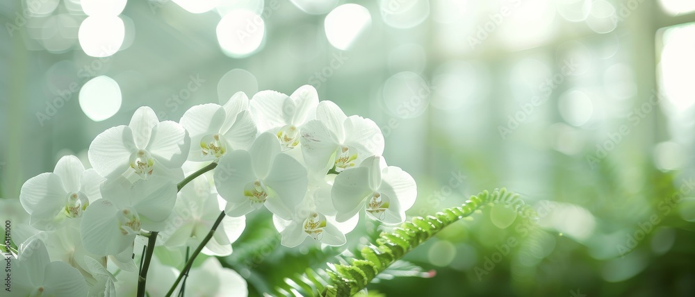 Delicate white orchid blooms in a serene setting with lush green ferns, capturing tranquility and beauty in nature. Delicate white orchid blooms in a serene setting with lush green ferns, capturing tranquility and beauty in nature.