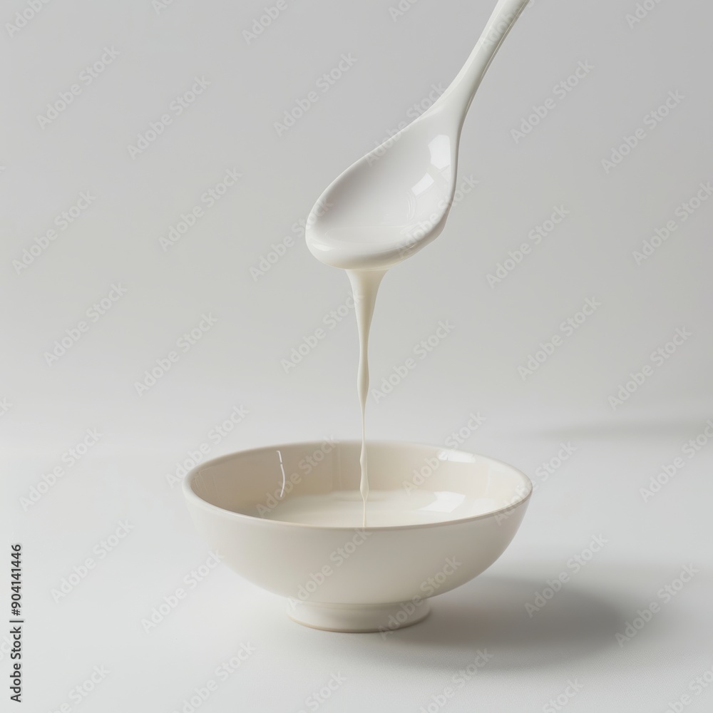 Medium shot of white thick liquid drips from spatula into a bowl, isolated on a white background, Medium shot of white thick liquid drips from spatula into a bowl, isolated on a white background,