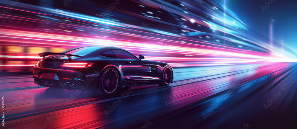 Futuristic sports car speeding through city at night with neon lights creating dynamic motion blur panning effects capturing essence of urban dynamism and innovation Futuristic sports car speeding through city at night with neon lights creating dynamic motion blur panning effects capturing essence of urban dynamism and innovation