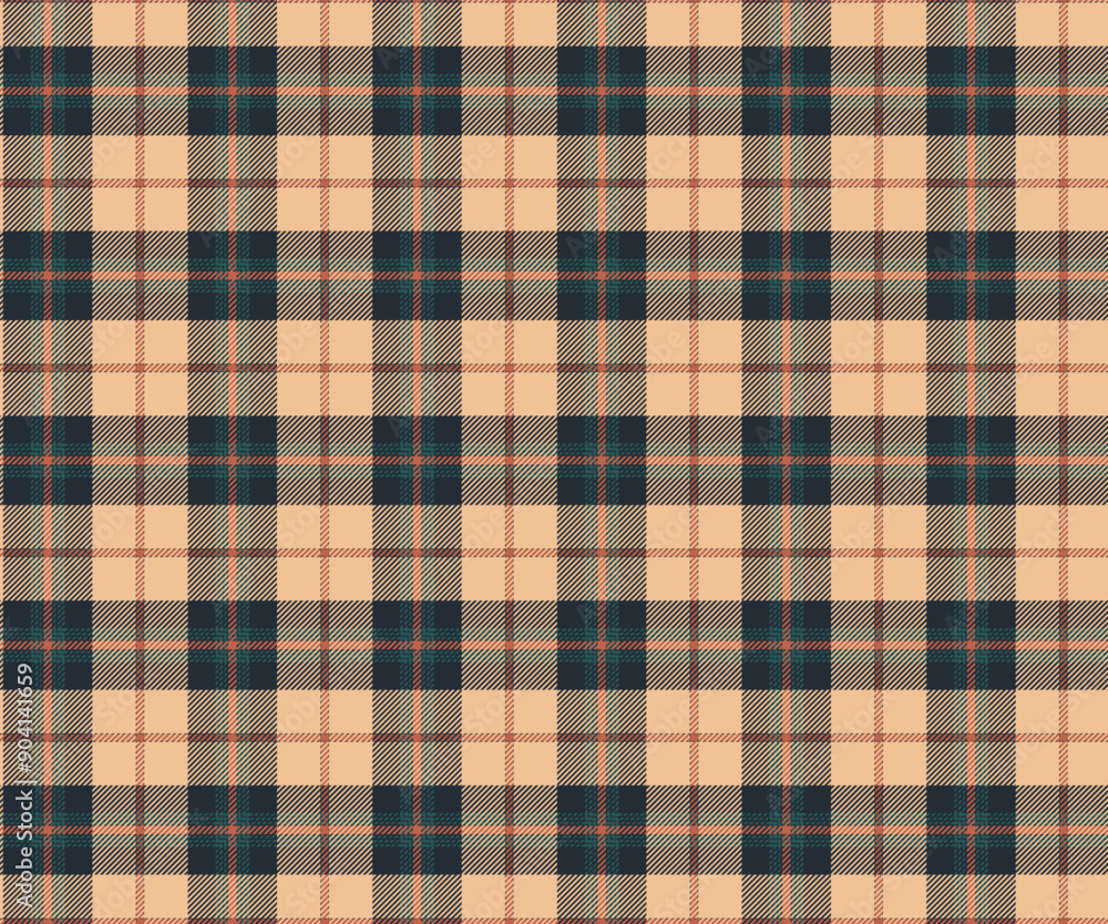 Obraz premium Plaid pattern, yellow, navy, orange, seamless for textiles and designing clothing, skirts, pants, aprons, tablecloths, blankets or decorative fabrics. Vector illustration.