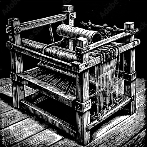 A black and white drawing of a wooden loom