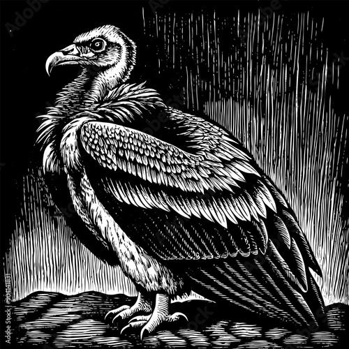 A black and white drawing of a bird with a large head and long wings