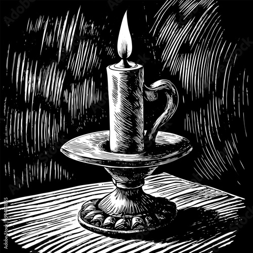 A candle is lit on a table