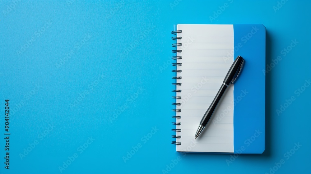 A large copy space with a traditional blue background with a white and blue office notebook and pen, Generative AI. A large copy space with a traditional blue background with a white and blue office notebook and pen, Generative AI.