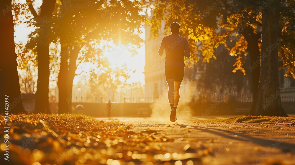 A person running on a park pathway during a golden sunrise, surrounded by fall foliage and creating a serene and motivating atmosphere. A person running on a park pathway during a golden sunrise, surrounded by fall foliage and creating a serene and motivating atmosphere.