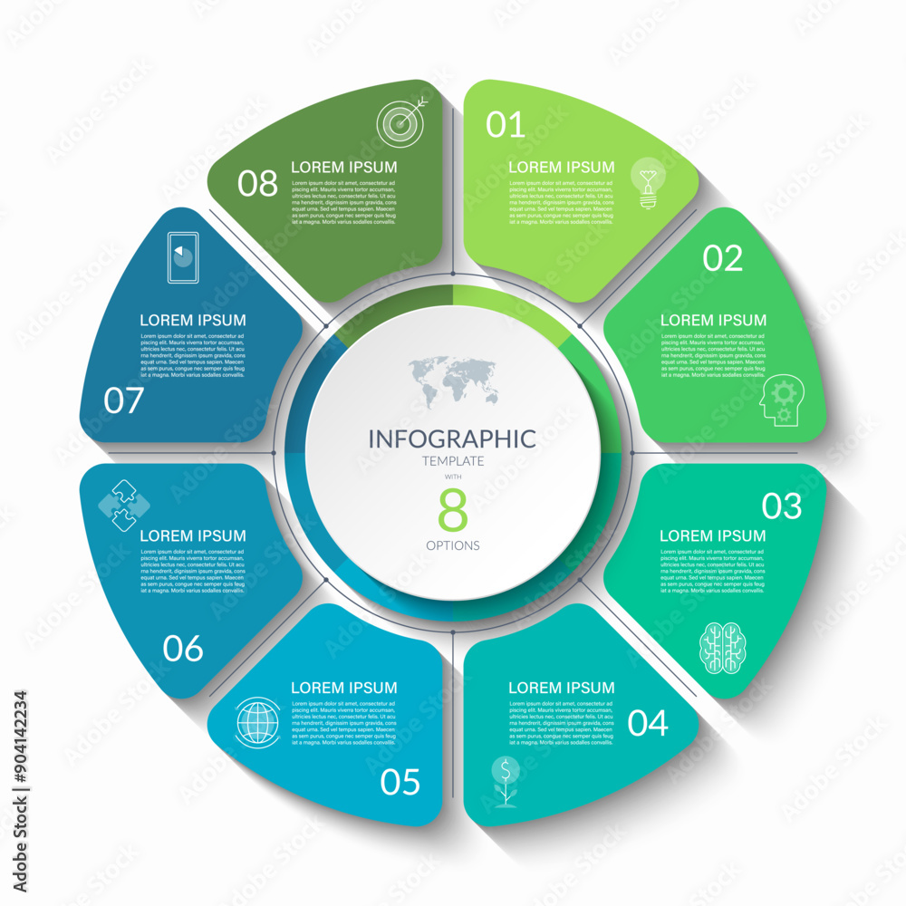 Infographic circular vector template with 8 options, parts. 8-step cycle diagram for business infographics. Process chart, vector banner for presentation, report, brochure, web, data visualization. Infographic circular vector template with 8 options, parts. 8-step cycle diagram for business infographics. Process chart, vector banner for presentation, report, brochure, web, data visualization.