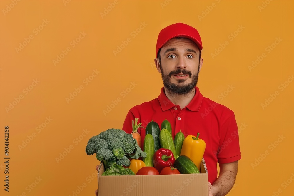 A man with a red uniform delivering groceries holds a cardboard box containing fresh fruits, veggies, and other food items against an orange backdrop, Generative AI. A man with a red uniform delivering groceries holds a cardboard box containing fresh fruits, veggies, and other food items against an orange backdrop, Generative AI.