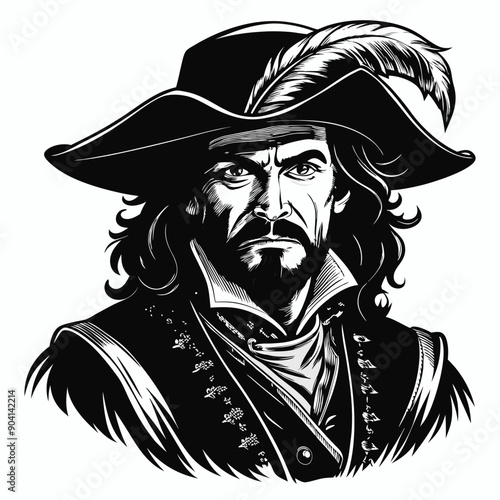 A man in a pirate costume with a feather on his hat