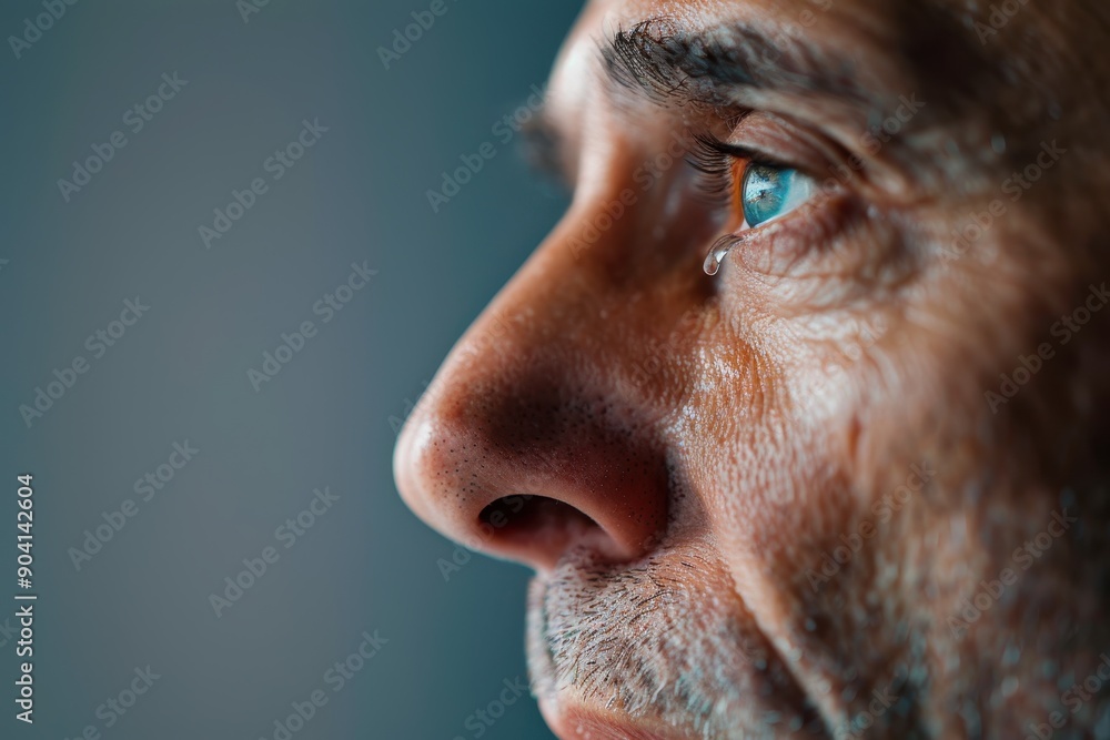 Obraz premium Emotional Distress - Profile of a Man with Tear Rolling Down His Face Conveying Mental Health Struggles and Grief