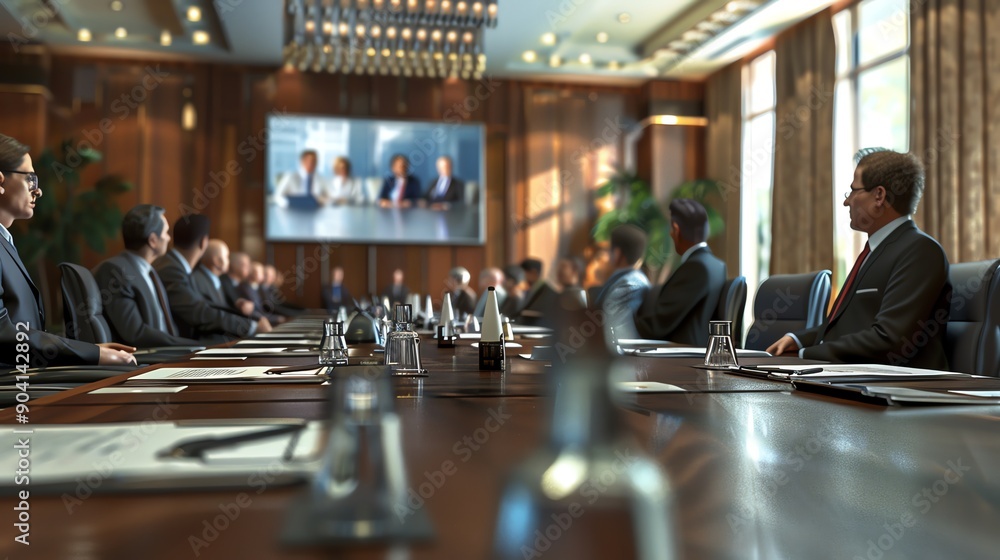 Business meeting in a modern boardroom with executives. Video conference on screen. Professional setting, collaborative environment. Business meeting in a modern boardroom with executives. Video conference on screen. Professional setting, collaborative environment.