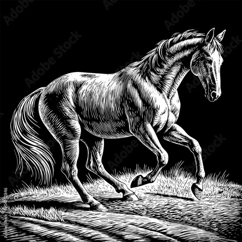 A horse is running in the grass