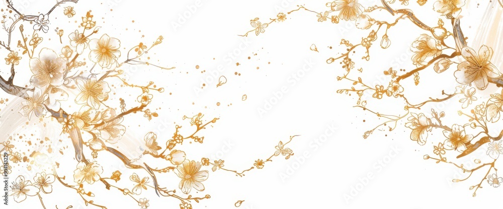 White background, illustration gold line drawing style with small flowers on the left and right sides of the picture. White background, illustration gold line drawing style with small flowers on the left and right sides of the picture.