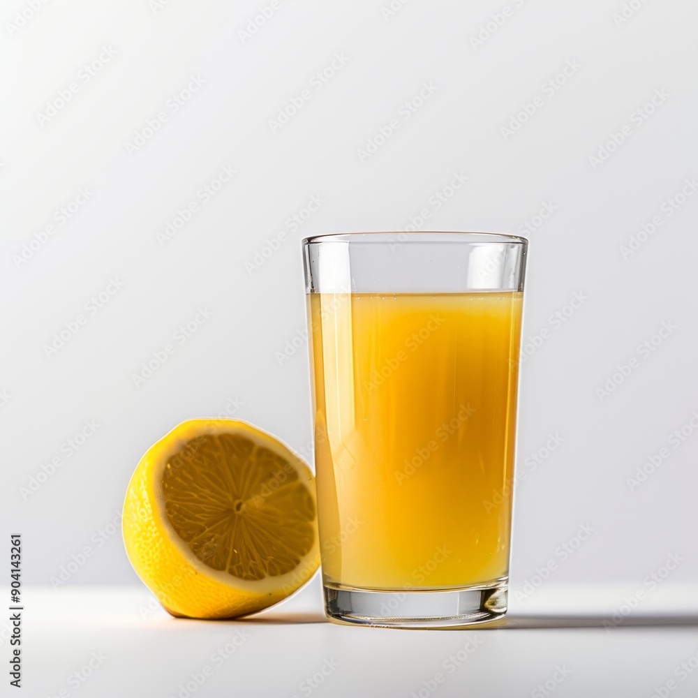 Medium shot of Lemon juice in a glass near the lemon, isolated on a white background Medium shot of Lemon juice in a glass near the lemon, isolated on a white background