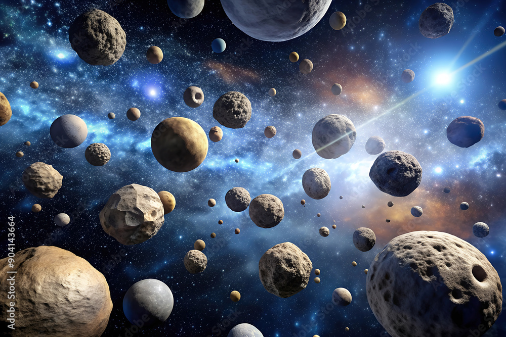 A mesmerizing view of countless asteroids floating in space against a cosmic backdrop of stars and galaxies. A mesmerizing view of countless asteroids floating in space against a cosmic backdrop of stars and galaxies.