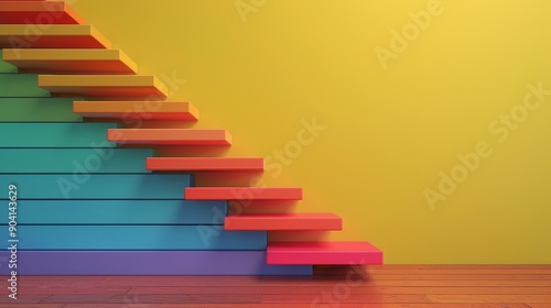 Abstract colorful stairs leading up a yellow wall, representing growth and success. Minimalist design.