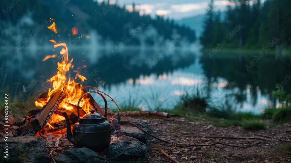 campfire next to a pot of coffee on the shore of a beautiful lake on a sunrise campfire next to a pot of coffee on the shore of a beautiful lake on a sunrise