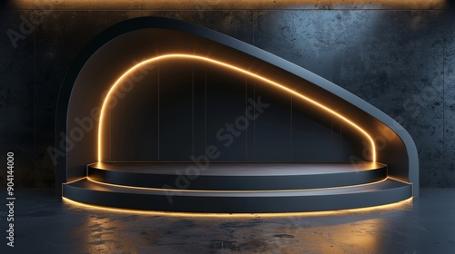 Abstract minimalist product display with a glowing arch and podium on a dark background. Perfect for showcasing products or branding.