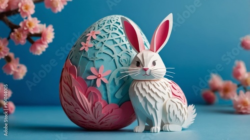 Cute Easter Bunny with Egg Fluffy bunny holding a pink egg on blue background Easter holiday theme. photo