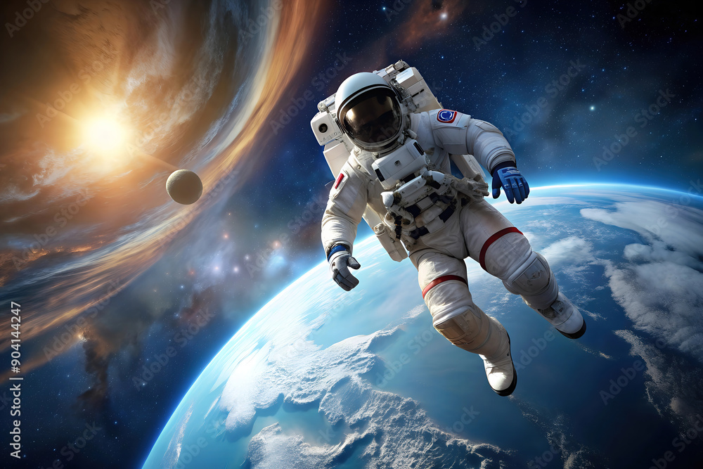 Astronaut floating in space above Earth with a stunning view of the sun and other celestial bodies in the background. Astronaut floating in space above Earth with a stunning view of the sun and other celestial bodies in the background.