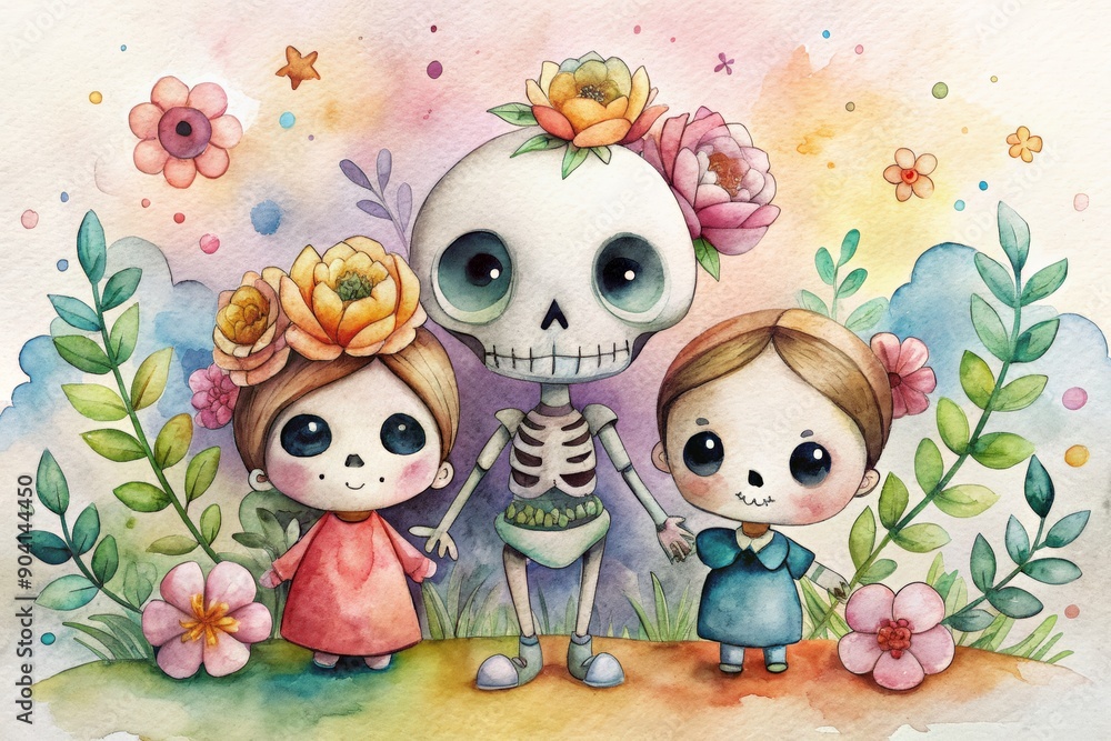Naklejka premium Adorable illustration of three cute skeleton characters surrounded by colorful flowers and leaves.