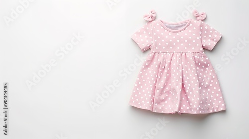 Baby girl's pink outfit with a dot print on a white backdrop embodies the notion of garments, babyhood, and attire, Generative AI.