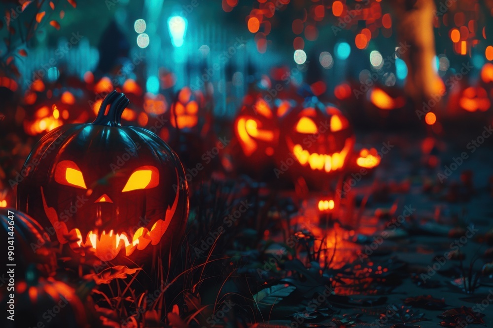 Obraz premium Halloween pumpkins background with illuminated