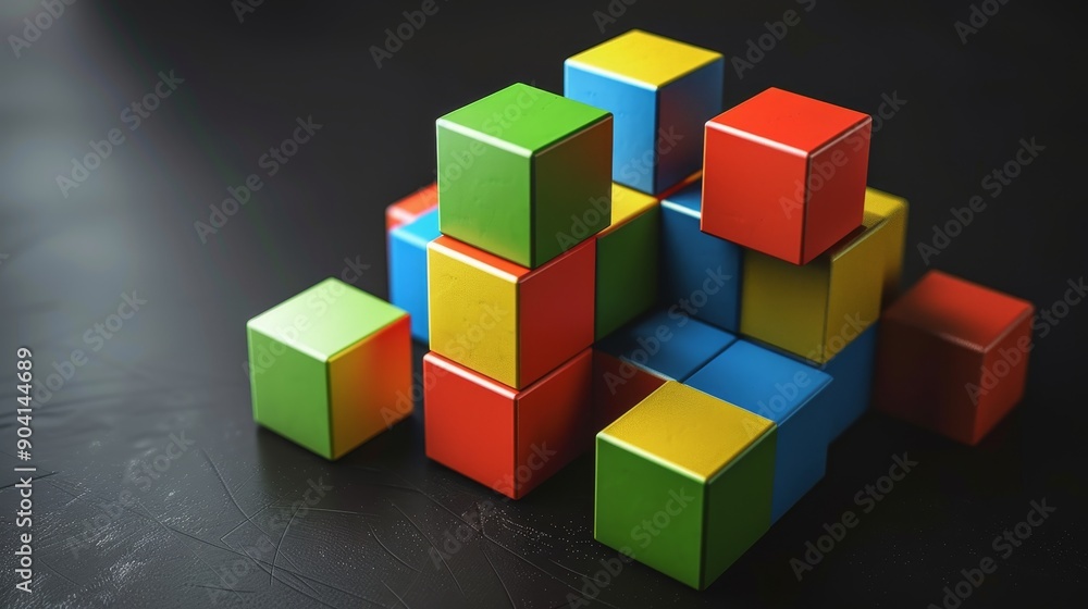 Colorful wooden blocks stacked in a pyramid shape on a black surface. Colorful wooden blocks stacked in a pyramid shape on a black surface.