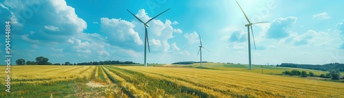 Countryside wind turbines, ecofriendly energy, front view, sustainable power generation, cybernetic tone, Splitcomplementary color scheme, copy space for text photo