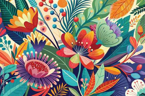 Colorful tropical floral background. Blooming flowers. Can be used as poster, exotic wallpaper. Vector illustration.