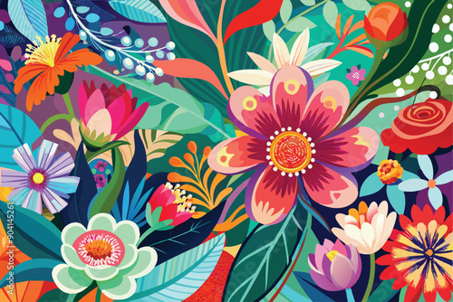 Colorful tropical floral background. Blooming flowers. Can be used as poster, exotic wallpaper. Vector illustration.