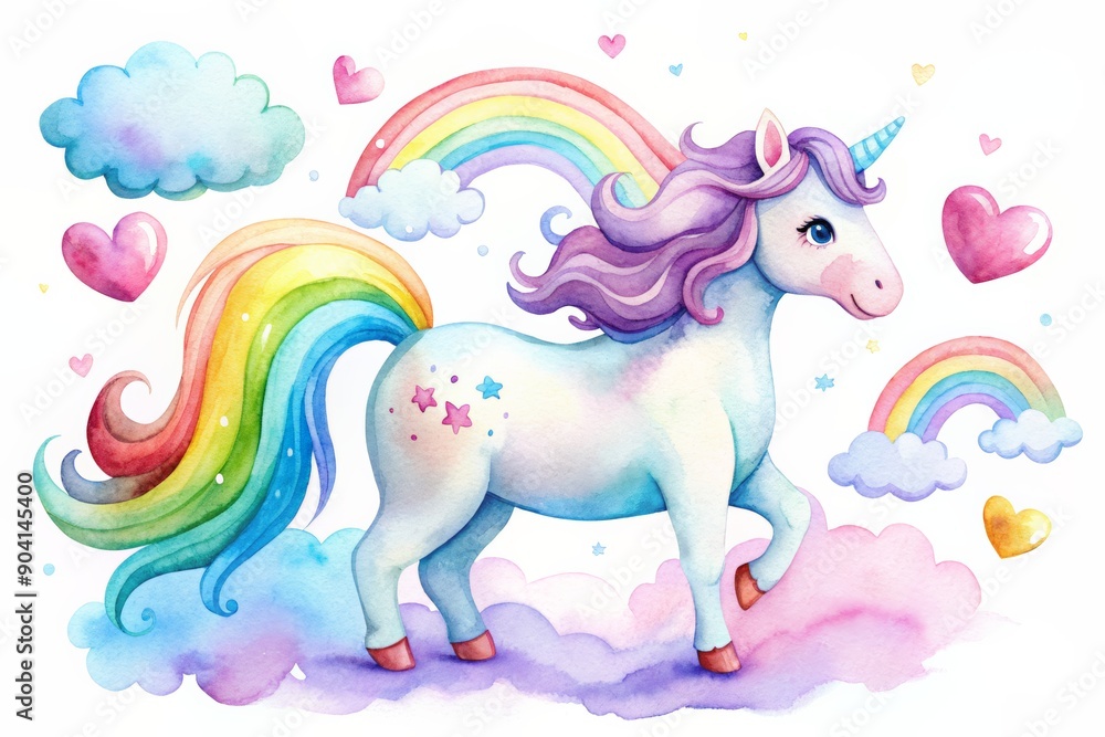 Fototapeta premium Adorable watercolor illustration of a unicorn with a rainbow mane, surrounded by hearts, clouds, and rainbows.