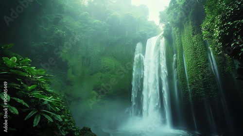 Majestic waterfall in a lush, green rainforest with mist creating a serene and mystical atmosphere. Perfect for nature and landscape photography.