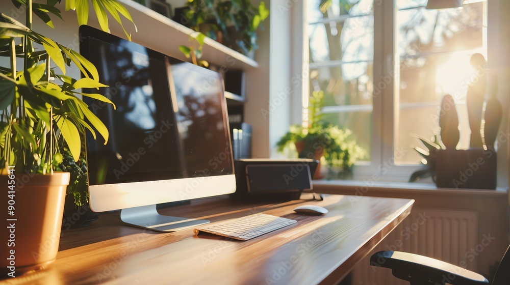 Modern home office desk with a computer, keyboard, mouse, and plants, set by a window in natural light creating a serene work environment. Modern home office desk with a computer, keyboard, mouse, and plants, set by a window in natural light creating a serene work environment.