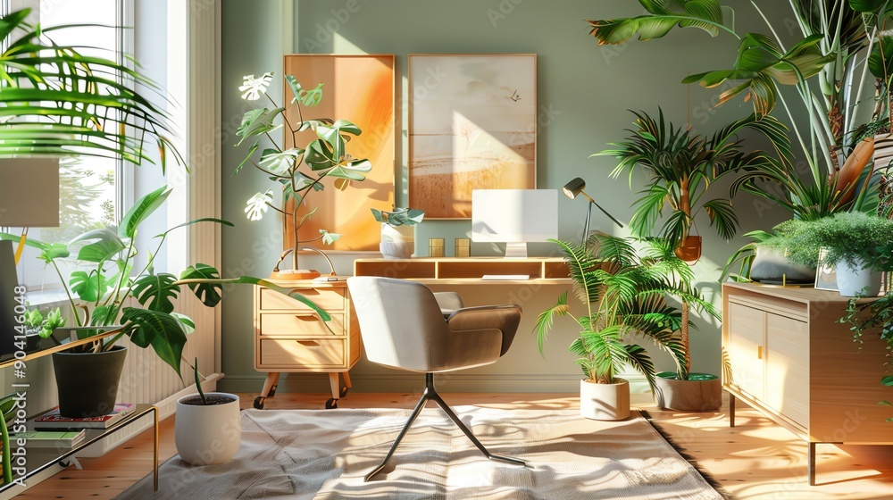 Modern home office with minimalist furniture and lush green plants bathed in natural sunlight, creating a serene and productive workspace. Modern home office with minimalist furniture and lush green plants bathed in natural sunlight, creating a serene and productive workspace.