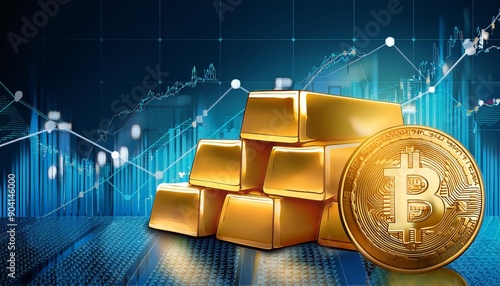 Gold bars on a financial chart- market trends illustration ; 3D vector coins; golden bitcoin