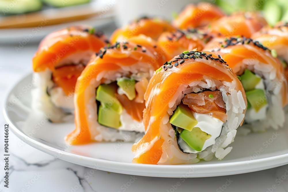 Fresh salmon sushi rolls on white plate Fresh salmon sushi rolls on white plate