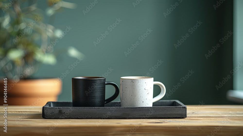 Two ceramic coffee mugs on a tray on a wooden table indoors. Two ceramic coffee mugs on a tray on a wooden table indoors.