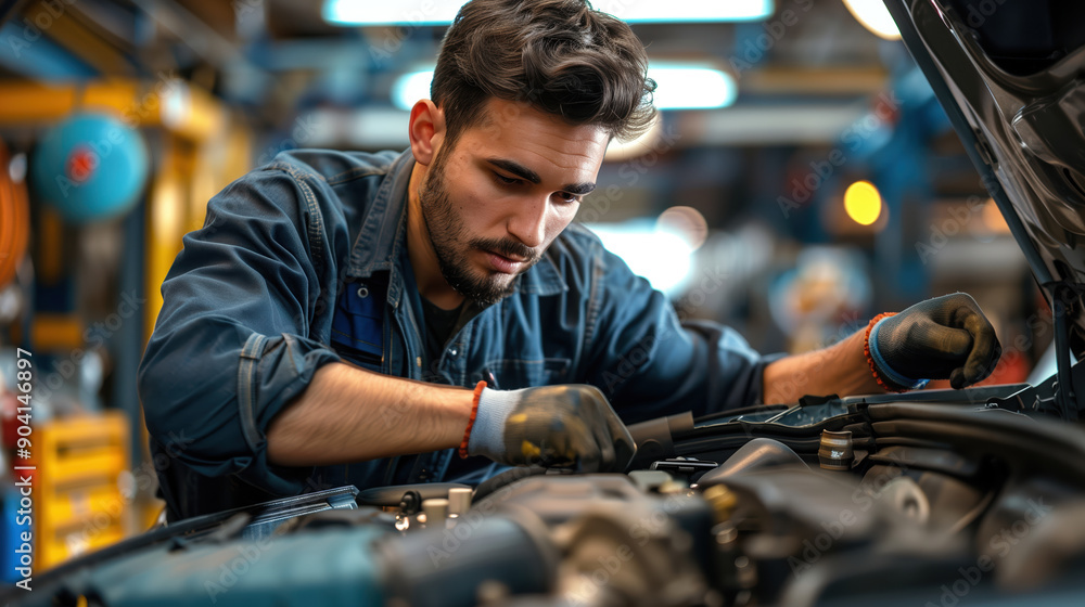 Mechanic Working Attentively on Car Engine in a Vibrant Auto Repair Shop