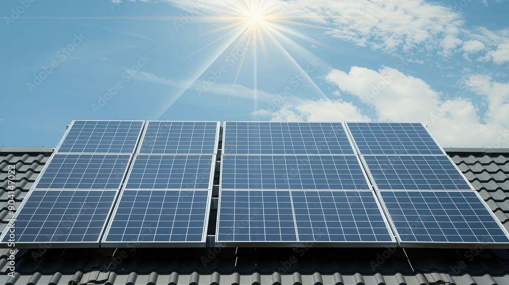 custom made wallpaper toronto digitalSolar panels under the sun, rooftop installation, sustainable energy, front view, ecofriendly power solution, technology tone, Analogous Color Scheme, copy space for text