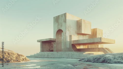 A futuristic concrete structure with an arched doorway stands on a rocky coastline at sunrise. The building's unique design creates a sense of mystery and intrigue.