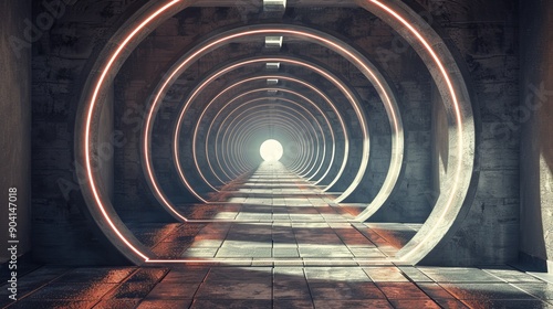 A futuristic hallway with glowing circular doorways leading to a bright light at the end. photo