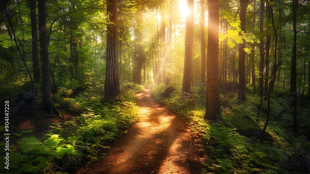 Obraz premium Sunlight streaming through a lush green forest, illuminating a serene pathway in a tranquil natural setting.