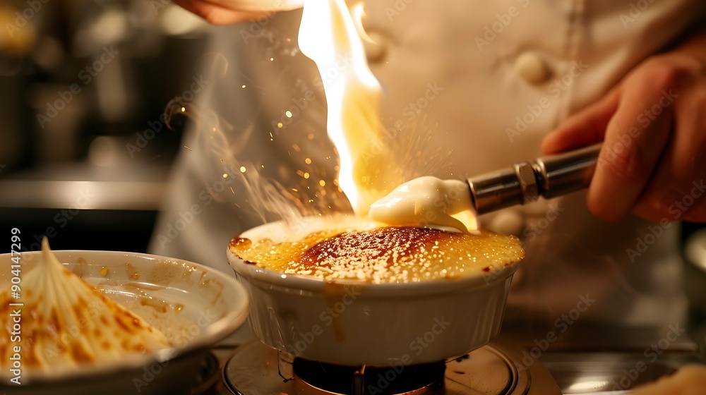 A pastry chef melting the exterior of a creme brulee with a blowtorch