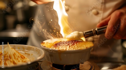 Obraz na płótnie A pastry chef melting the exterior of a creme brulee with a blowtorch w salonie