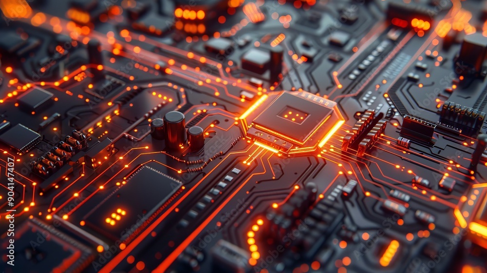 A high-definition view of a circuit board with detailed copper traces and various electronic parts, showcasing its advanced technology A high-definition view of a circuit board with detailed copper traces and various electronic parts, showcasing its advanced technology